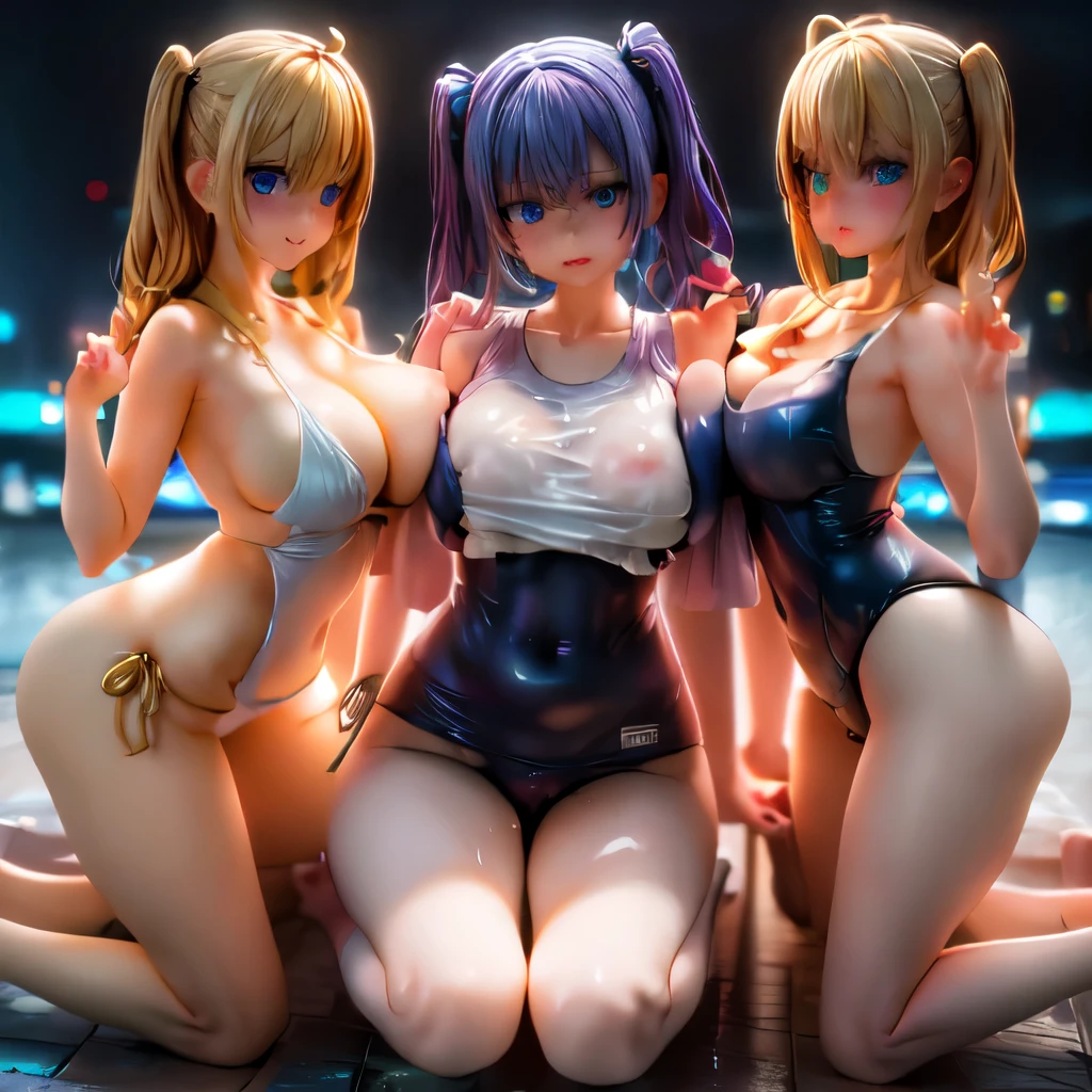 (group picture:1.3), (multiple girls:1.3),(3 girls:1.5),beautiful face,(masterpiece, Highest quality:1.2), (Top view:1.3), (Highest quality: 1.5), (masterpiece: 1.5), (2.5D)、8k, Official Art, RAW Photos, (((Skin glowing with oil:1.3)))、Blue eyes, hairband, masterpiece,(A lot of milk all over my body:1.5) (best quality:1.2), (open legs:1.3), (kneeling:1.5)、black hair, hair between eyes, (((whole body, Shining competitive swimsuit:1.3)))、(empty eyes), Hollow Eyes, (Crying:1.4)、(Crying:1.4)、(Crying:1.4)、(Crying:1.4)、arms up、((Sad:1.3))、during sex、(A luxurious bed with a beautiful night view:1.3)、Breathless face、sweating、Expression of the state of excitement、Mid-length hair、Glasses、Realistic,High resolution,Soft Light,Beautiful and slim,Lift your hips high, Large Breasts, blue eyes, Elegant and sexy, (Crazy behavior:1.8), とてもLarge Breasts、Oversized breasts、Grab your chest、Grab your ass、Grab your chest両手、Crazy behavior、Highly realistic face、Very realistic eyes、Compressing the breasts、Grabbing her chest、Very wet and sweaty、NSFW