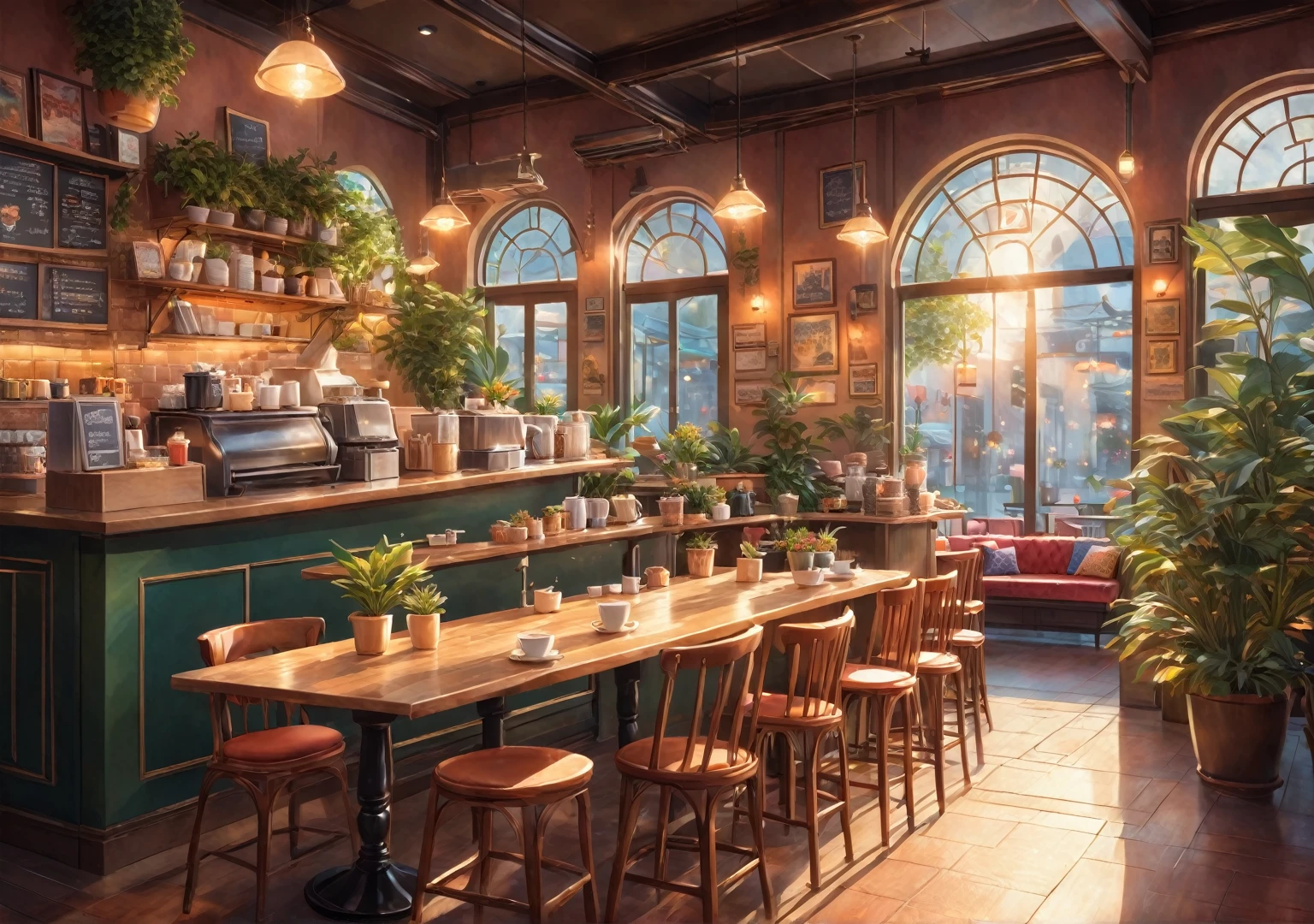 Anime-style, the interior of a coffee shop is illustrated with intricate details and vibrant colors. Delicate steam rises from the hot cappuccino coffee on the table, seats are with soft and colorful cushions, a lot of potted plants, adding to the cozy and inviting atmosphere. Soft lighting casts a warm and beautiful glow over the dreamy scene, it's evening time, making it an ideal place to unwind and escape reality. (Prompt B and C) Anime-style coffee shop interior, hot coffee steaming on the table, creating a cozy, beautiful and dreamy ambiance. (High resolution, 8k) Super detailed anime illustration of a coffee shop interior, showcasing a hot cup of coffee on a table, evoking a warm and cozy