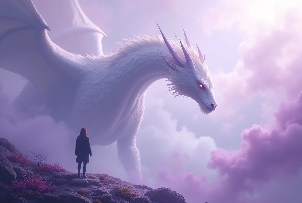 masterpiece, Ultra high definition, Fantasy, (in a thick fog), The Person Turning Their Back, The dragon blending with the mist, A beautiful dragon with white fur, The dragon is faintly visible. An encounter between a dragon and a human., [A dragon faintly visible], [Purple Cloud], crap
