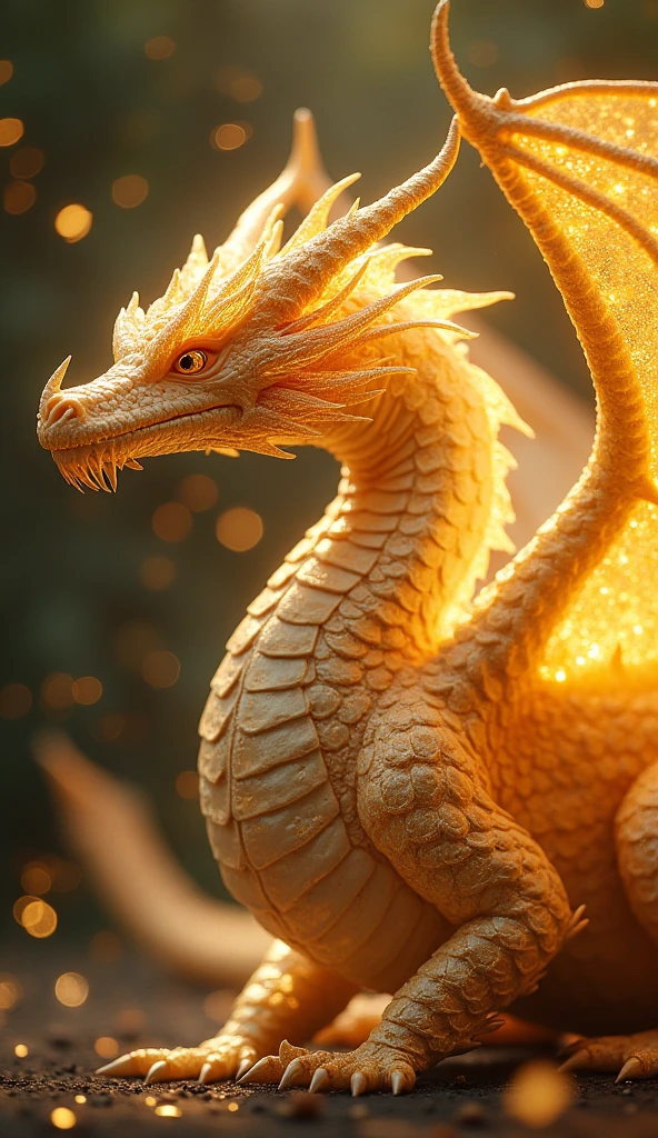 Dragon,Fantastic fantasy,Glowing in gold,Moody Color,Golden glitter background