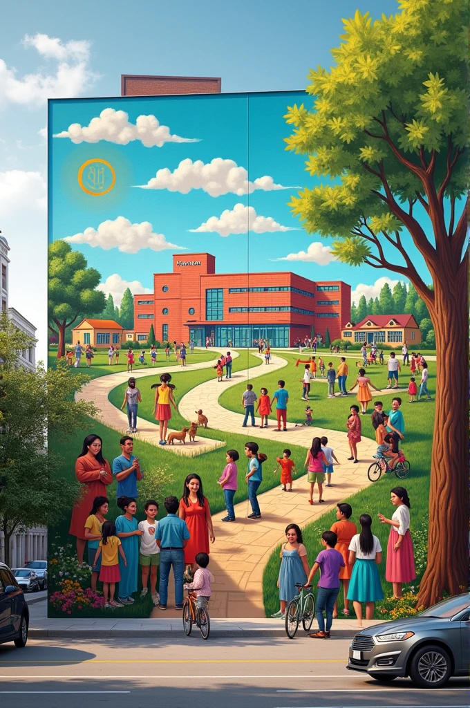 Mural painting ideas about "Caring community." It should emphasize hospital role fostering compassion and wellness, extending care beyond it's walls to strengthen the entire community.