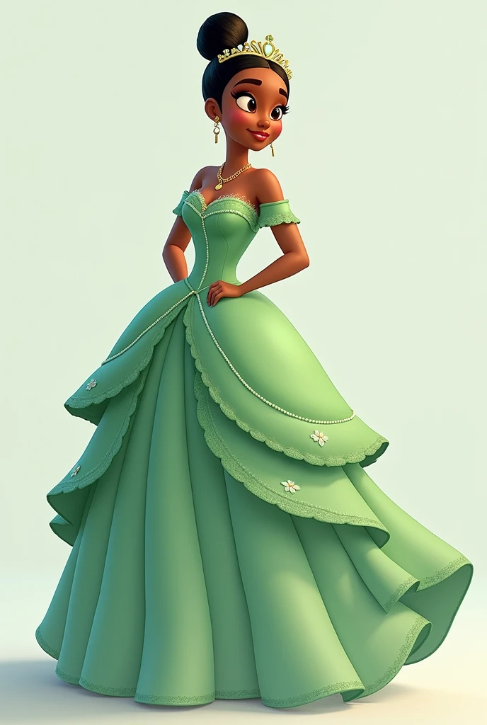 An animated picture of Tiana in her iconic Disney dress from *The Princess and the Frog*, Tiana wears a stunning gown inspired by a water lily. The dress is a beautiful, soft green with a fitted bodice and layered, petal-like skirt that flares out elegantly. The bodice features delicate embroidery, and the skirt's flowing layers are adorned with subtle floral accents. Tiana's look is completed with a tiara featuring a lily design, highlighting her transformation into a graceful princess.