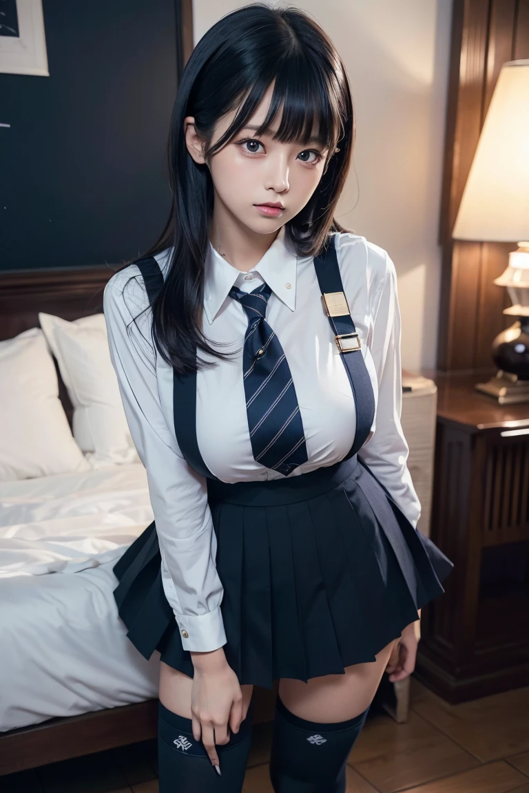 Realistic、masterpiece, Highest quality, shape, Very detailed, Finer details, High resolution, 8k,wallpaper, Perfect dynamic composition,(High quality with attention to detail, Realistic depiction of eyes:1.3), So cute、The background is a room in a luxury hotel、Schoolgirl uniform、My brother won't wear it.、White blouse that looks like it's going to tear、Super Short Check Uniform Skirt、Navy blue knee-high socks、Disheveled uniform, Long Hair, Black hair color, Huge breasts, Big Natural Color Lip, Bold sexy pose, (Perfect shape), Crying a little、Cold Stare, Harajuku Style、20-year-old girl、 Beautiful legs, Burning idol pose, Voluptuous thighs
