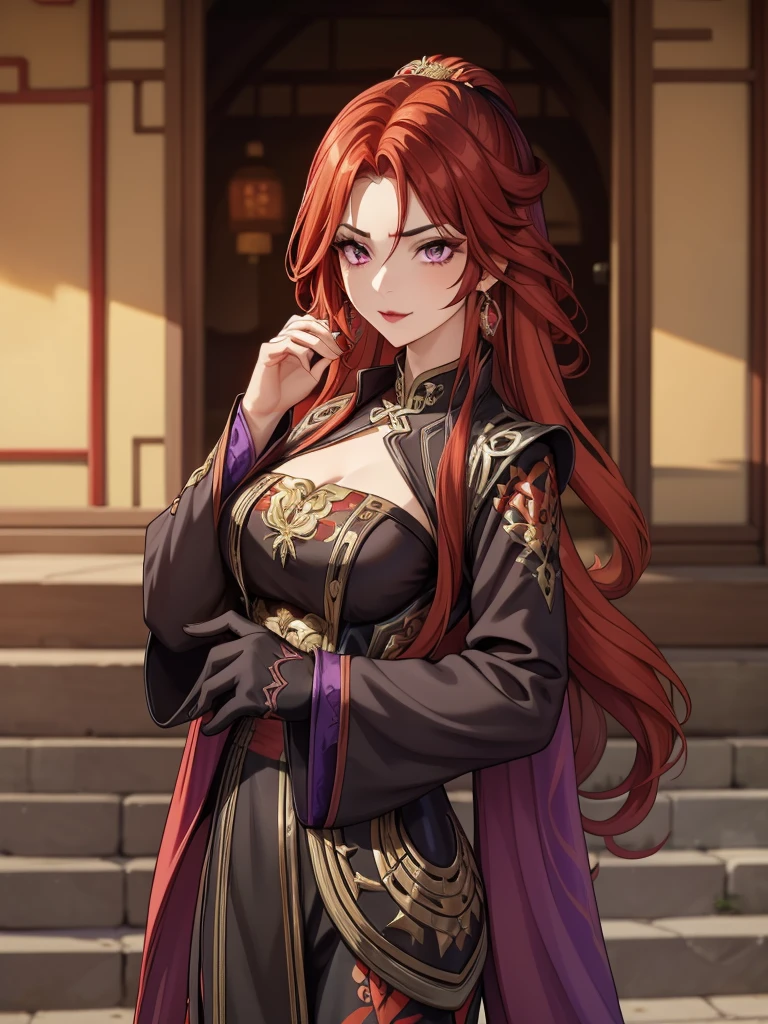 My sweet vampire (, thin, black and red hair) lies on his crypt, joy, colmillos, purple eyes, purple hanfu, elegant, Ancient China, Chinese national costume