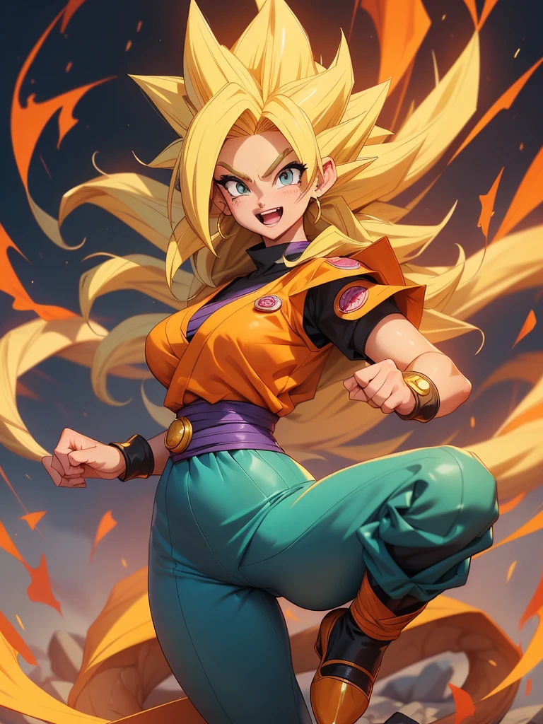 {((Full body photo, flat feet, straight body, Dragon Ball anime style))}, {((Laura/female, large breasts, extremely beautiful))}, {((she's wearing the ultra super saiyan+Super Saiyan instinct wearing Son Goku's costumes+extremely tight on her body))}. {In a futurist}. {She's in her clothes and body extremely sweaty}; {(She's looking at the viewer, smiling, fists clenched, concentrating magical aura on her hands, in a frontal attack pose)}. Dragon Ball anime, high detail, anime, 16k, UHD, retina, retina, ccurate, anatomically correct, textured skin, super detail, high quality, award-winning