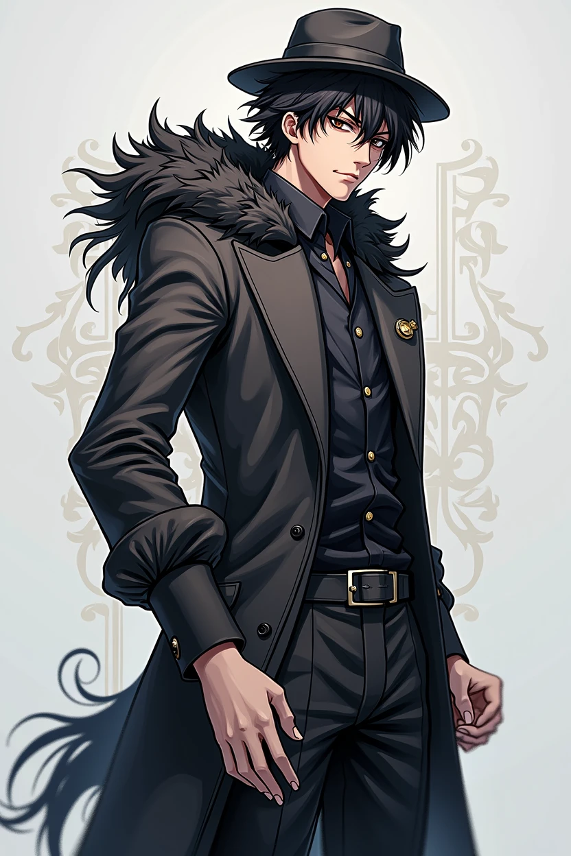 ((illustration)), (best quality)), ((masterpiece)), (detailed), adult, 1male, black hair, suit, fedora, solo, 1boy, smiling, crazy look, shirt: 1.5, anime
