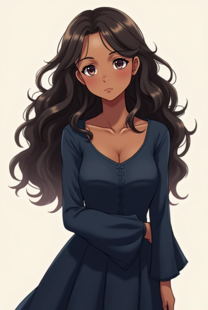 A girl with brown skin tone and curly long 
hair.nWearing full sleeve navy blue gown, 
descent and serious pose. Anime character.