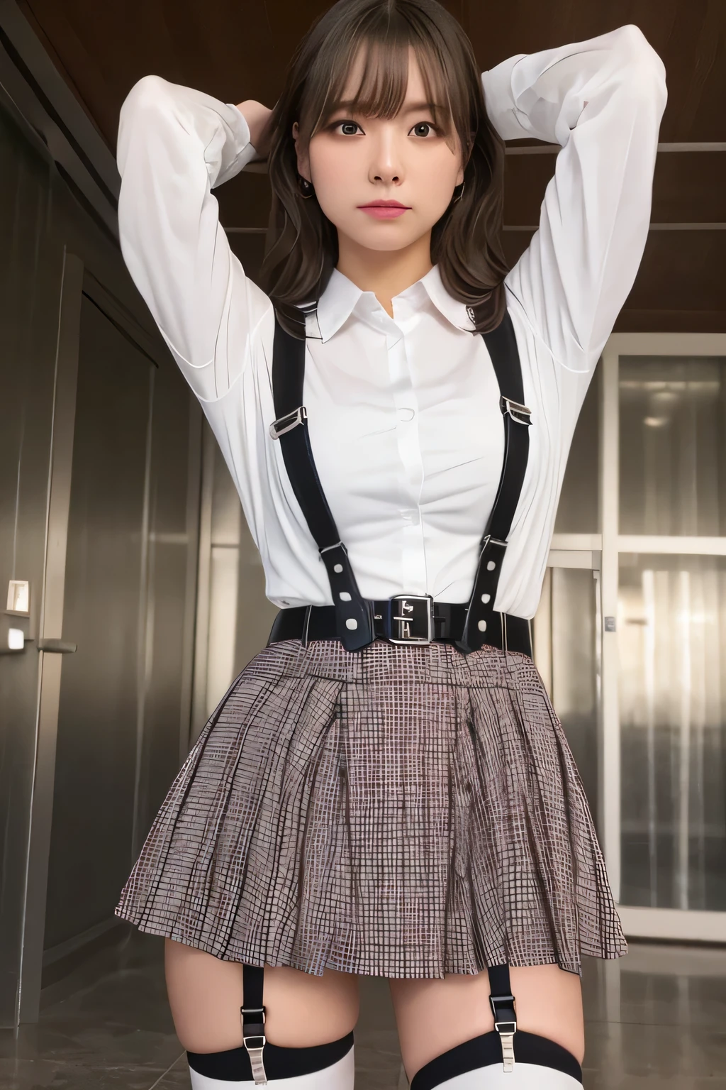 1 female, , high quality, masterpiece, Ultra-high resolution, Cinema Lighting, 1 female, , high quality, masterpiece, Ultra-high resolution, , Cinema Lighting, suspenders　　　Moderate breasts　 　 　　　　　 　　　　Small face　 　　　　　　　　　　　Looking up　　　　Sweat 　　　Thin belt　buzzer　脇Sweat 　　　　 　garter belt　　Belt on pants　　holster　 　　Hands behind your back　 　Looking up　Anxious face　Knee-high　Knee socks　Knee-highソックス 　garter　ふとももにgarter belt　Checkered mini skirt　 　　Panty shot　Skirt gap Armament　　　holster　holster 　　Hands behind your back　 Anxious expression　　Anxious face, legs apart　Armament　　Leg Holster　holster　See-through clothing　heavy rain　Rain-soaked dress shirt,Moderate breasts　ガーターbelt　suspenders　Garter on the thigh　Checkered mini skirt　Looking up　Pause　belt　Armpit sweat　Hands behind back　Raise your hands