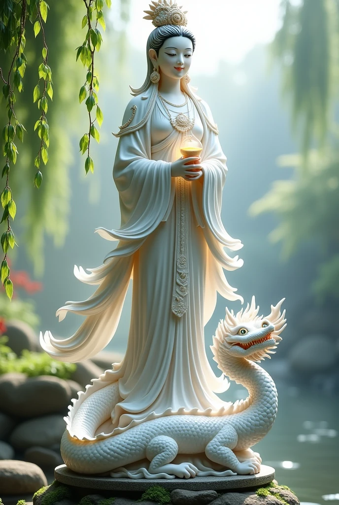 A statue of Guanyin standing on a white dragon and holding a vase of divine water with willow branches. (A vase is not a jar.)