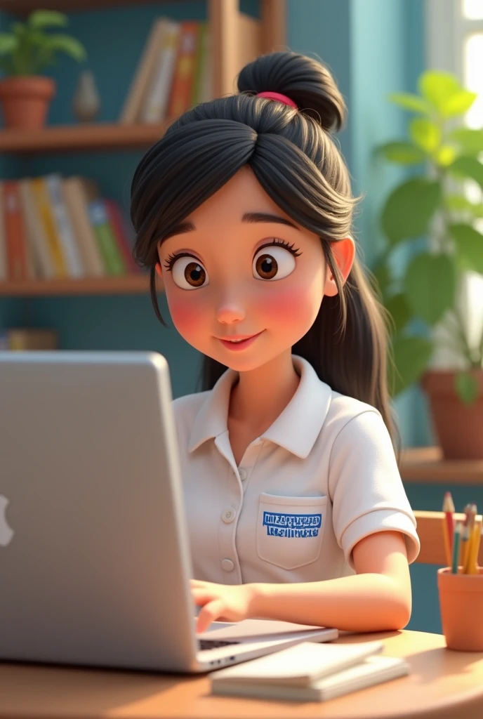 Disney girl wearing a white polo shirt, sitting with her computer( complete macbook) studying languages virtually
In the shirt pocket it should say: INTERCONNECTED INSTITUTE, only in blue letters and uppercase , not so big letters in one line 
