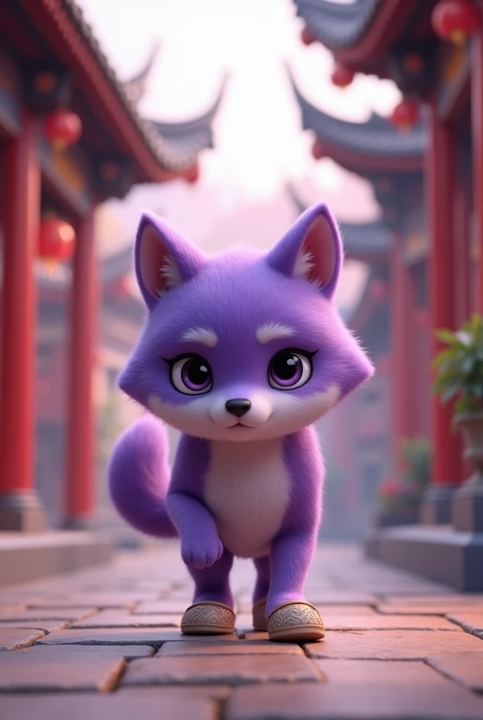 a purple wolf,cute,standing,Wearing shoes,walking carefully,The expression is nervous,Move carefully,background chinese style,