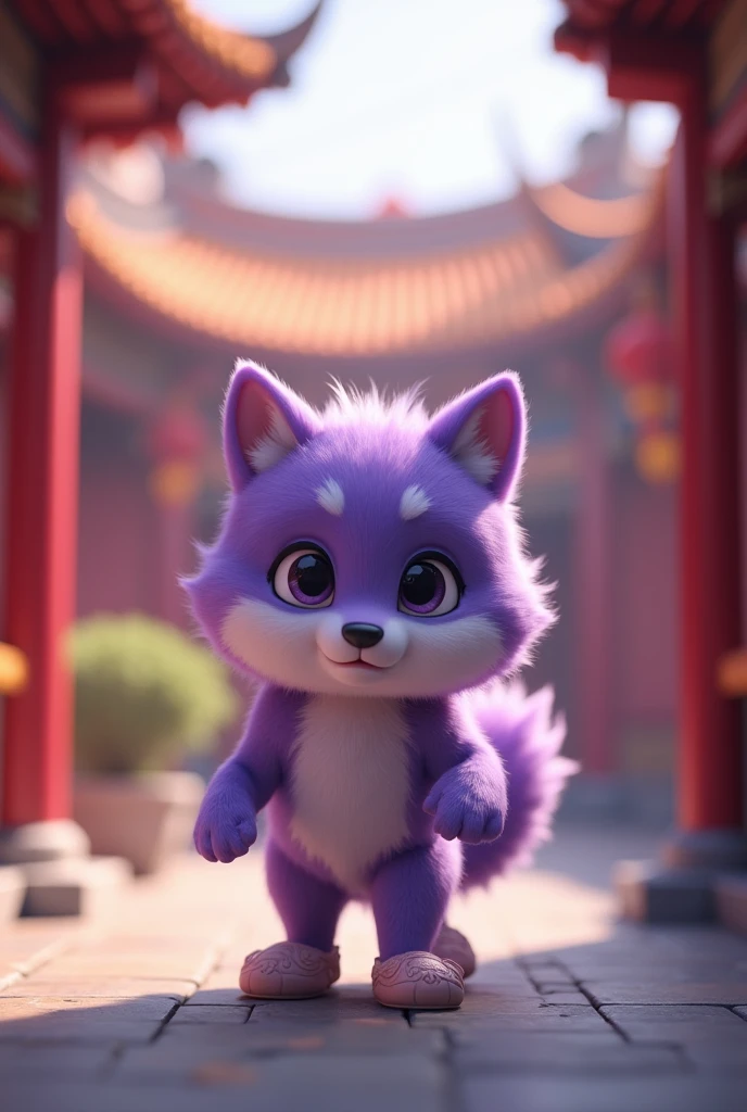 a purple wolf,cute,standing,Wearing shoes,walking carefully,The expression is nervous,Move carefully,background chinese style,