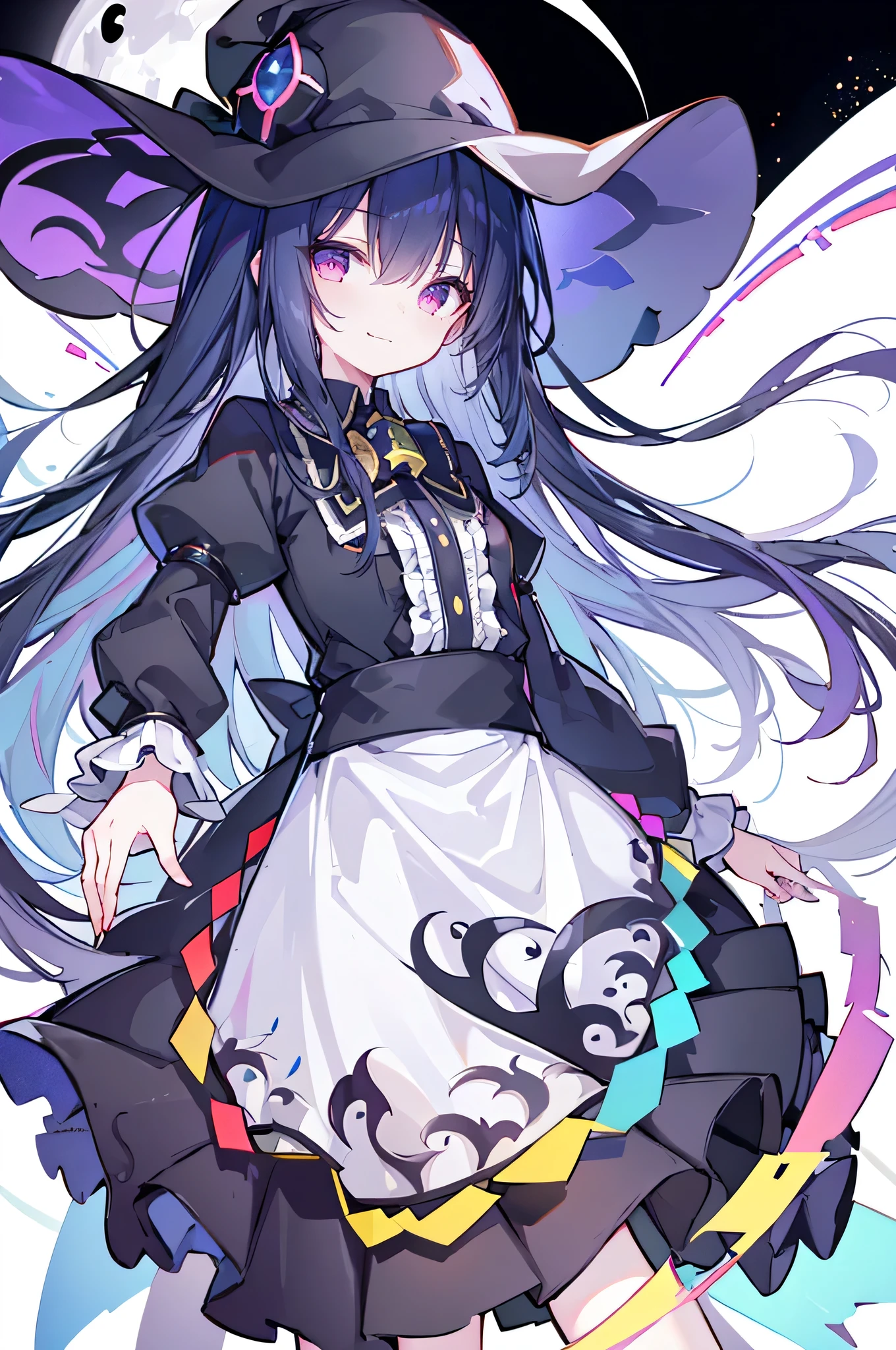 oung Girls,Humanity,A magician always smiles,big witch hat,cute,dark blue long hair,The eyes are dull,The bangs are heavy,Thin eyebrows,fantasy,intake,Double teeth,Star Theme,Constellation pattern,Solid color clothetal decoration,cloak,A bit of a dark atmosphere,A little crazy smile,When the big moon shines outside at night,blood,Hair black star embellishment,Short tie,No nails,High waist skirt,Bell sleeves,Long-sleeved shirt,Black tie,low risk,gentlemen。Mist、Yellow and white effect，Shocking pink as an accent color