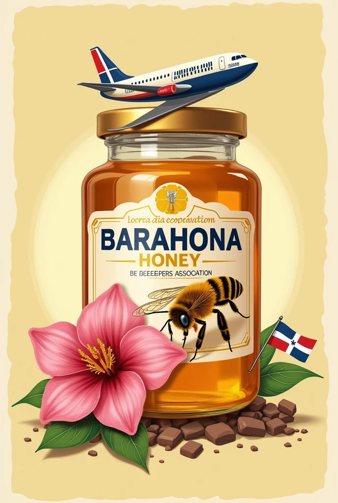 Generate me a Honey tag, that puts Barahona, and also Beekeepers Association in Spanish, that carries a bee and a pink bayahibe flower, with the Dominican flag in small.  and that the images be realistic, that you show it on a plane.