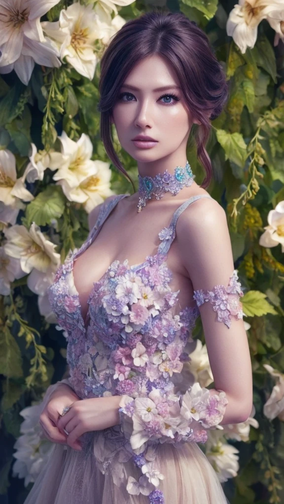 Beautiful black-haired woman with blue eyes, elegant and refined, fish, under sea,Highly detailed face, Detailed eyes, beautiful long eyelashes, complicated details, Award-winning digital art, movie light, Amazing color, realistic, 8k, Masterpiece、(Flowers hide her chest)、(A choker made of ivy)、(The entire body is covered in flowers)、(Bound by vines)、Super Real Photo、Illuminated from the left by strong light、((Flowers cover bare skin))、ponytail、(Bra made of flowers)