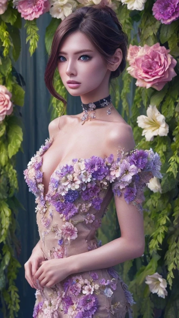 Beautiful black-haired woman with blue eyes, elegant and refined, fish, under sea,Highly detailed face, Detailed eyes, beautiful long eyelashes, complicated details, Award-winning digital art, movie light, Amazing color, realistic, 8k, Masterpiece、(Flowers hide her chest)、(A choker made of ivy)、(The entire body is covered in flowers)、(Bound by vines)、Super Real Photo、Illuminated from the left by strong light、((Flowers cover bare skin))、ponytail、(Bra made of flowers)