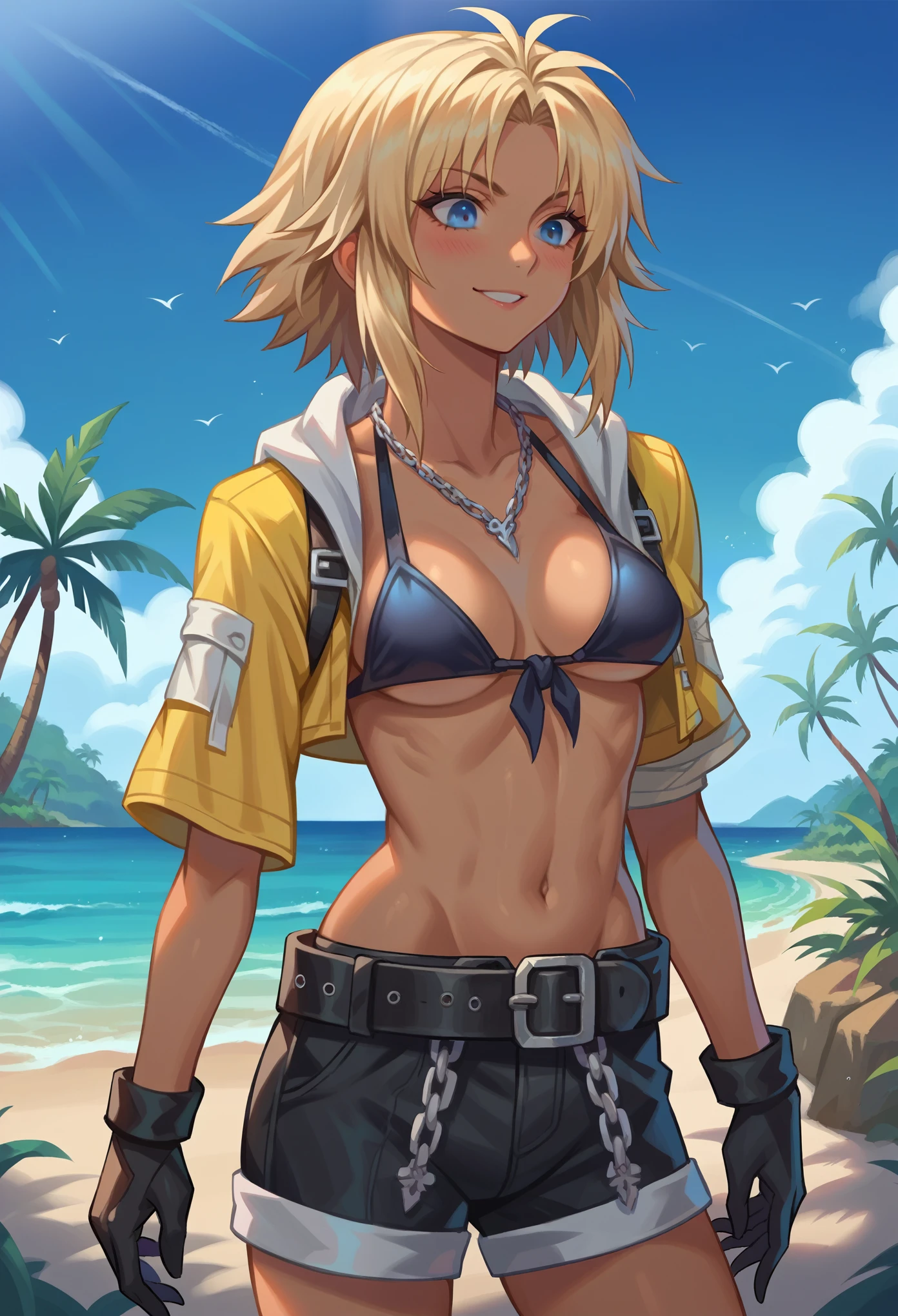 score_9, score_8_up, score_7_up, source_anime, 1girl, solo, (female:1.2), female focus, TidusFFX, blonde hair, dark hair roots, (medium hair), blue eyes, dark skin, solo, open clothes, shorts, black gloves, necklace, shorts, top bikini, back bikini, belt, chain, standing, blushing, slight smile, looking down, tropical village, clear sky, day