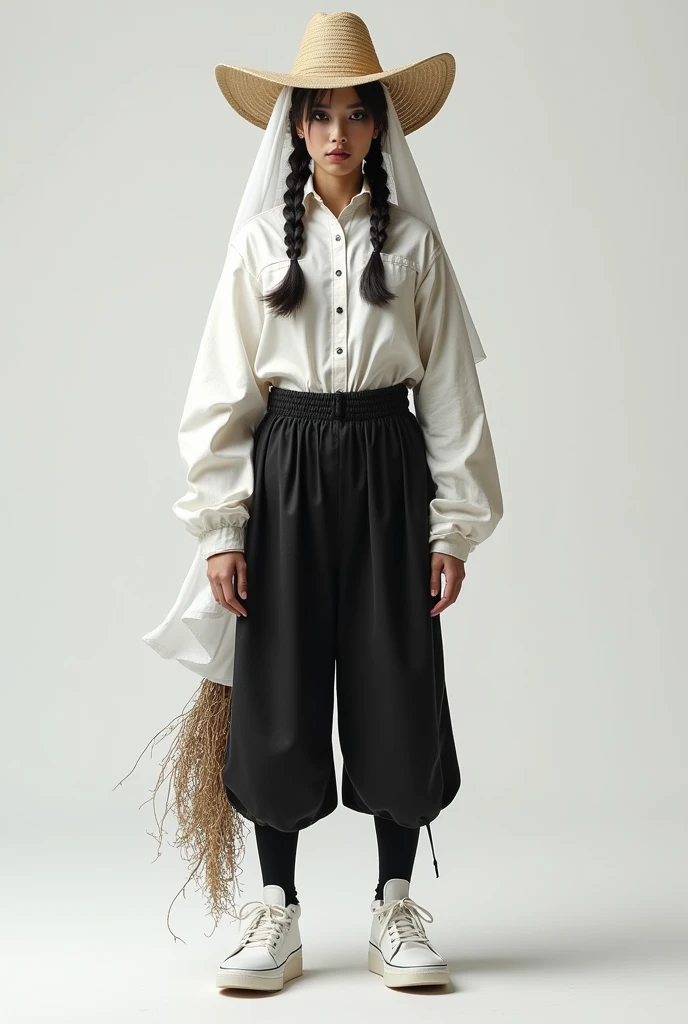 can you create a farmer's costume for a , with a short black panty, wearing a long-sleeved white shirt underneath, with white veiled media, WHITE TENNIS, two braids, with striking makeup and a fique hat