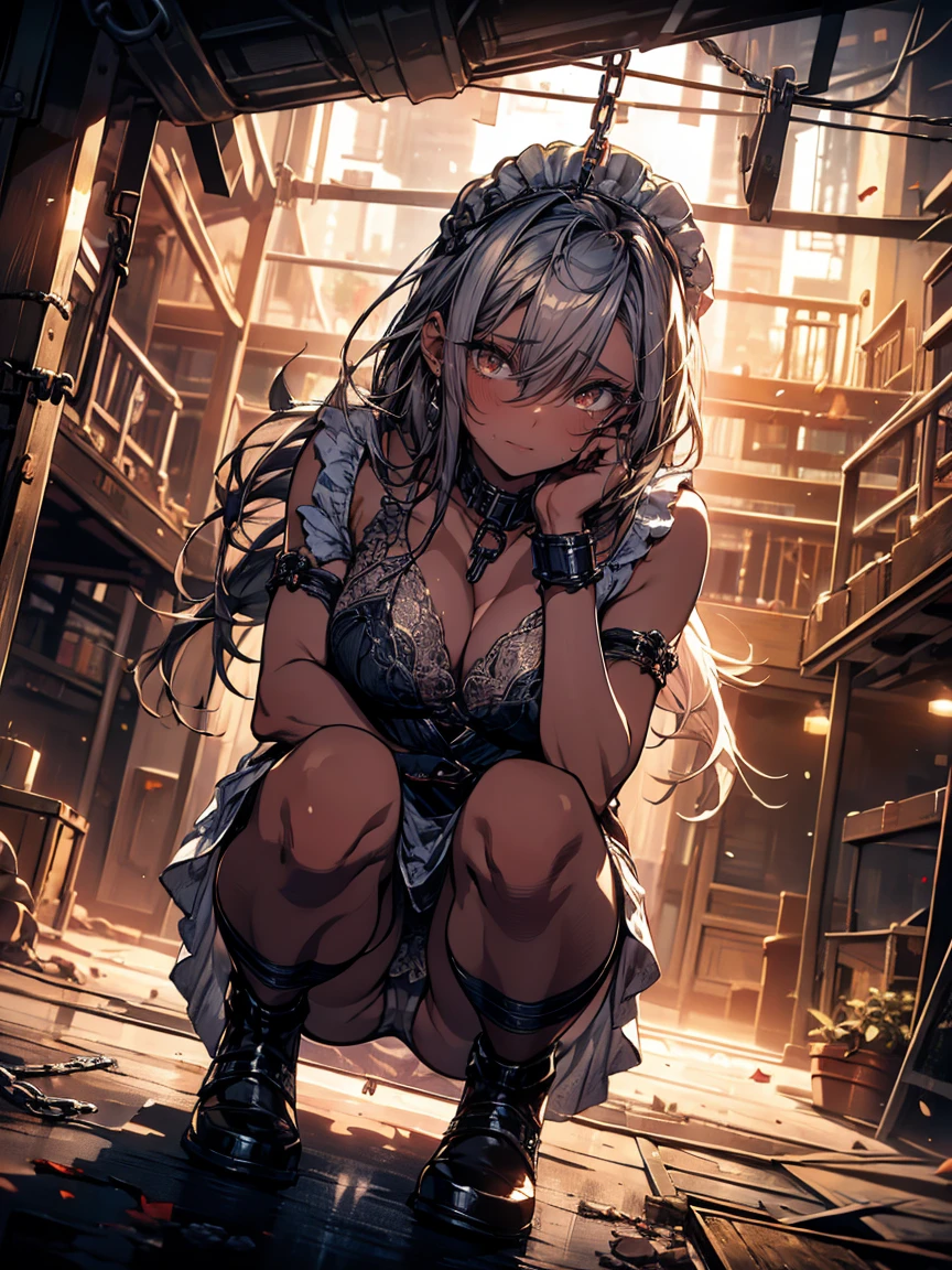 ((maid:1.3,woman)),((Clothes,button-down)),((See-through dress:1.0)),{Mature Woman},(Ecstasy:1.2),((tears:1.1)),Professional Illustration,{Squint eyes},Very detailed, Dynamic Angle, ((Perfect hands)), Smooth, lustrous skin, Thin Hair, Beautiful Eyes, Great background,Cinema Lighting, Ray Tracing, Sacred Light, perspective,(lace panties),(At church),(Embarrassing,blush),(Ahegao:1.2),hair, ((((Red eye)))) ,squatting, legs apart, tied back with a rope, chained, hands chained, Bondage, slave collars, chains around the neck, in a dark basement, cobblestones with an eerie cold atmosphere, tied behind the hands with ropes, ((silver big chains, hung by chains, pulled up by chains)), ((Restraints, slaves)), contempt, tears, shackles, shackles, charm, submission, necklaces, oily skin,