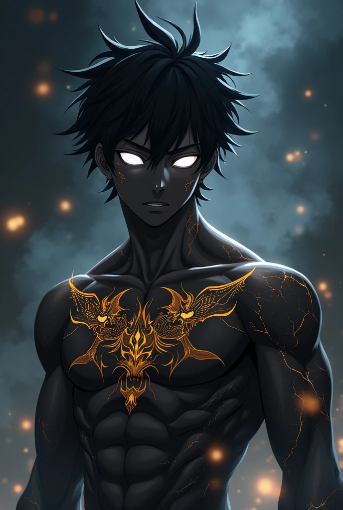 Young man,teenager, ebony skin, bright white eyes, cracked body, magic cracks, Smoke atmosphere, night, golden tattoo of a dragon on his chest, bare-chested. Powerful, muscular aura, anime style.