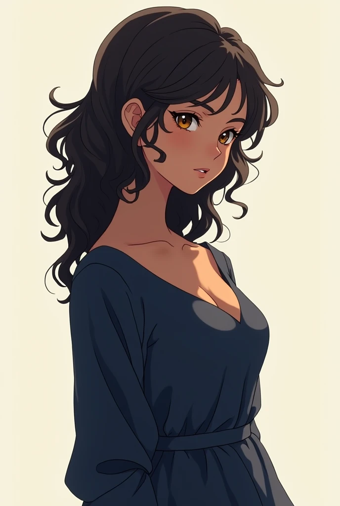A girl with brown skin tone and curly long
hair.nWearing full sleeve navy blue gown,
descent and serious pose. Anime character.