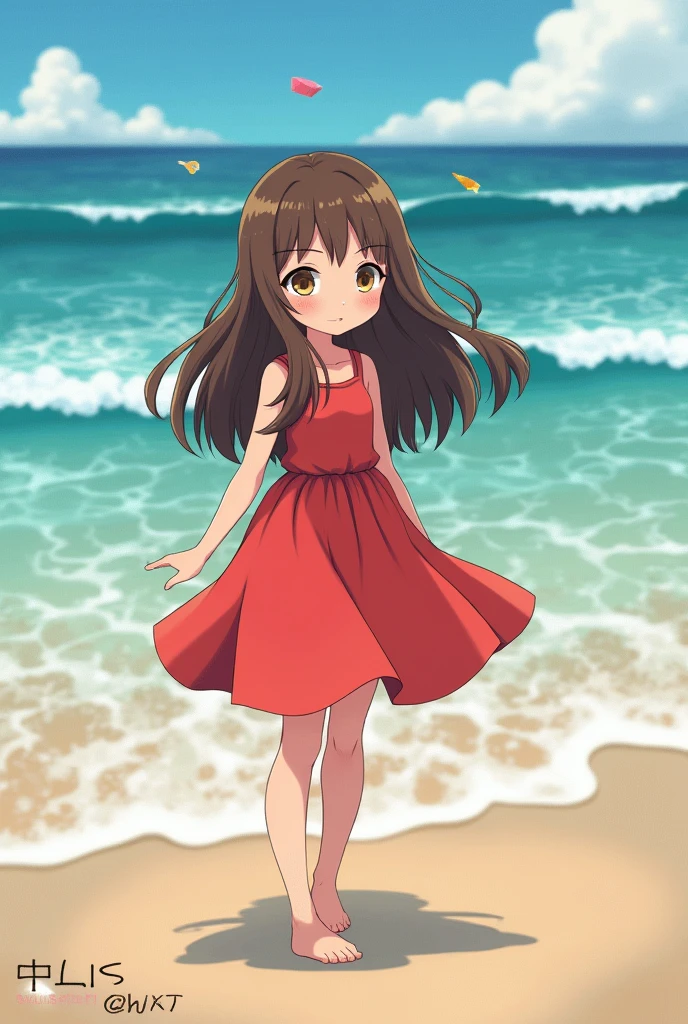 A girl with long brown hair, eyes browns, small size, アニメ, アニメ realista, beach landscape, during the day, red dress outfit
