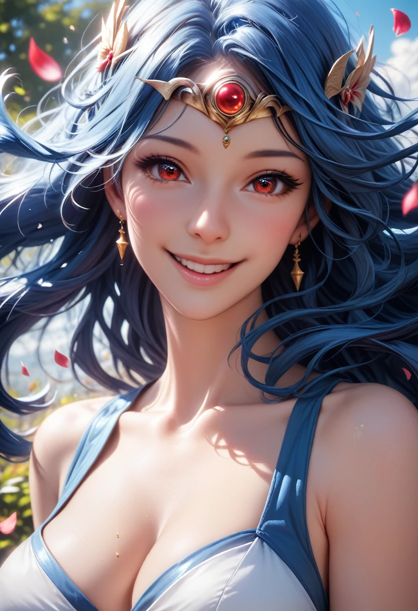 masterpiece, Highest quality, 4K, 8k, Ticker, Upper Body, Face Focus, close, One person, Blue Hair, White Dress, Red eyes, Circlet, Cleavage, smile, Happy, depth, depth of field, Outdoor, nature, petal, Wind, beautiful, High resolution, Perfect lighting, Detailed face, Detailed body, masterpiece, Highest quality, Intricate details, 8k uHigh resolution, Perfect Face, Perfect Eyes
