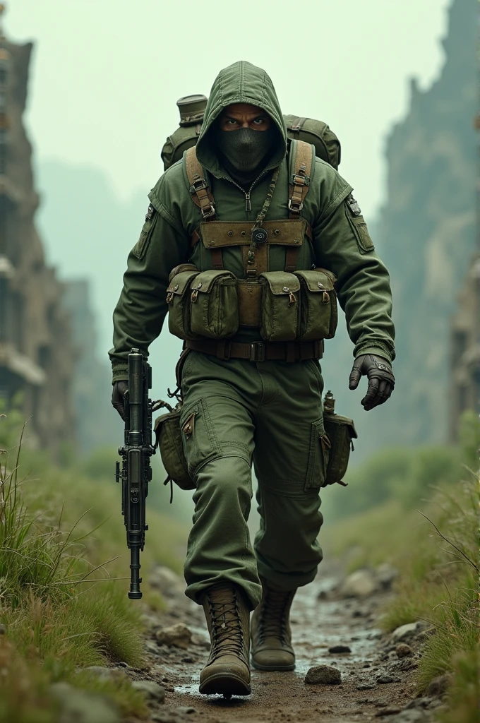 Man equipped in a green post-apocalyptic world