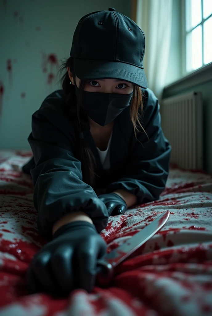 korean girl, (behind corpse, holding knife), stabbing, black surgical mask, black gloves, room full of blood, black raincoat, trucker hat, holding knife, black gloves, woman on top, behind corpse, blood splatter, on the bed, looking at viewer, mass murderer, killer, low ponytail, blood splatter, dark atmosphere, cinematic lighting, atmospheric realistic, light from the window, close-up,