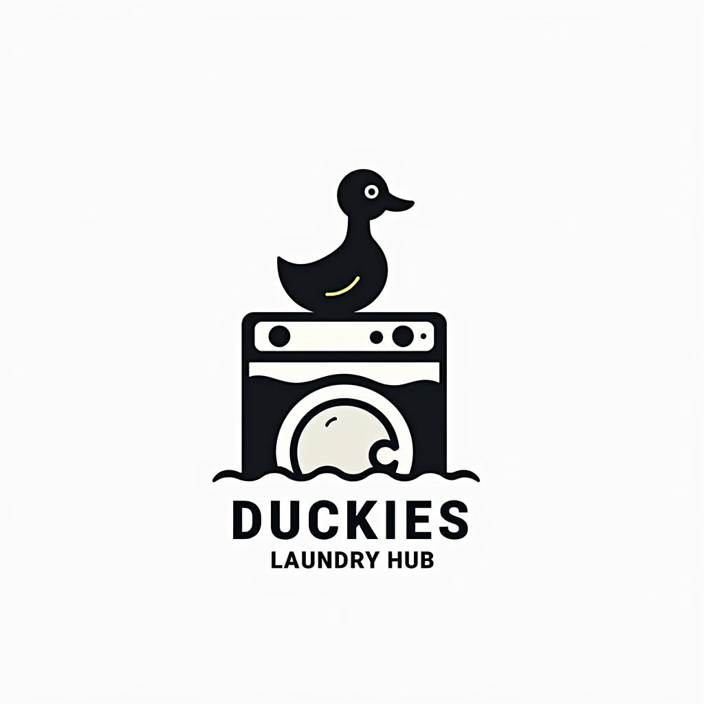 Simple logo of black duck on top of Washing Machine, Put a captionthe the right "Duckies Laundry Hub" With bigger text size