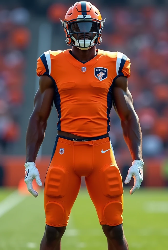 Custom football uniform in primary orange color with white and navy blue details and black shorts with a crest on the left side of the chest that reads Bela Vista