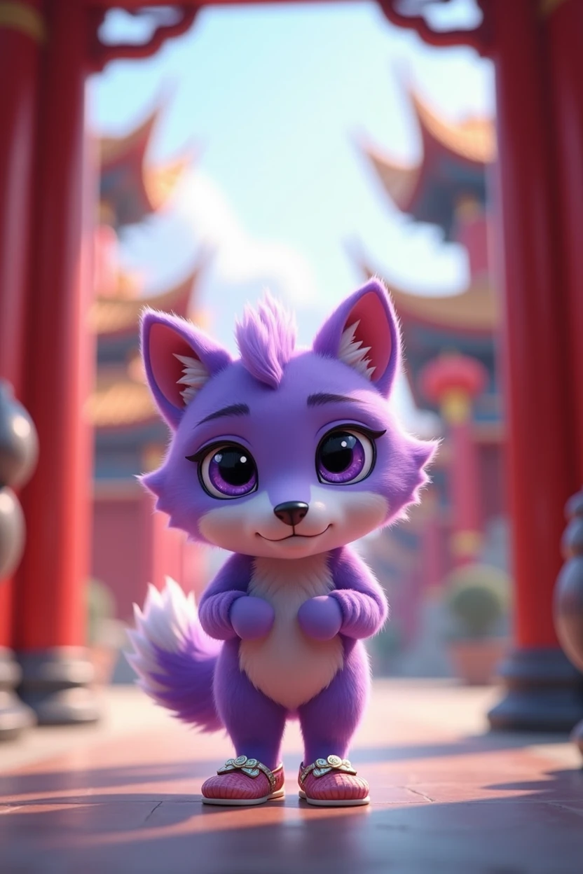 a purple wolf,cute,standing,Wearing shoes,walking carefully,The expression is nervous,Move carefully,background chinese style,