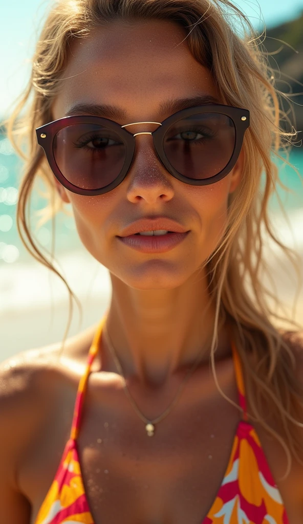 Closeup of a woman's face on a beach, bikini suggesting summer heat, sunglasses reflecting the glimmer of the ocean, sand clinging to skin, sea breeze tousling hair, framing by golden hour light, ultra realistic, high resolution photo, vibrant colors, shallow depth of field, bokeh effect in background.