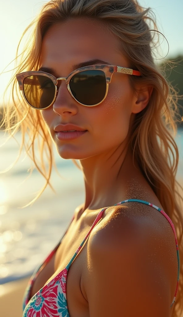 Closeup of a woman's face on a beach, bikini suggesting summer heat, sunglasses reflecting the glimmer of the ocean, sand clinging to skin, sea breeze tousling hair, framing by golden hour light, ultra realistic, high resolution photo, vibrant colors, shallow depth of field, bokeh effect in background.