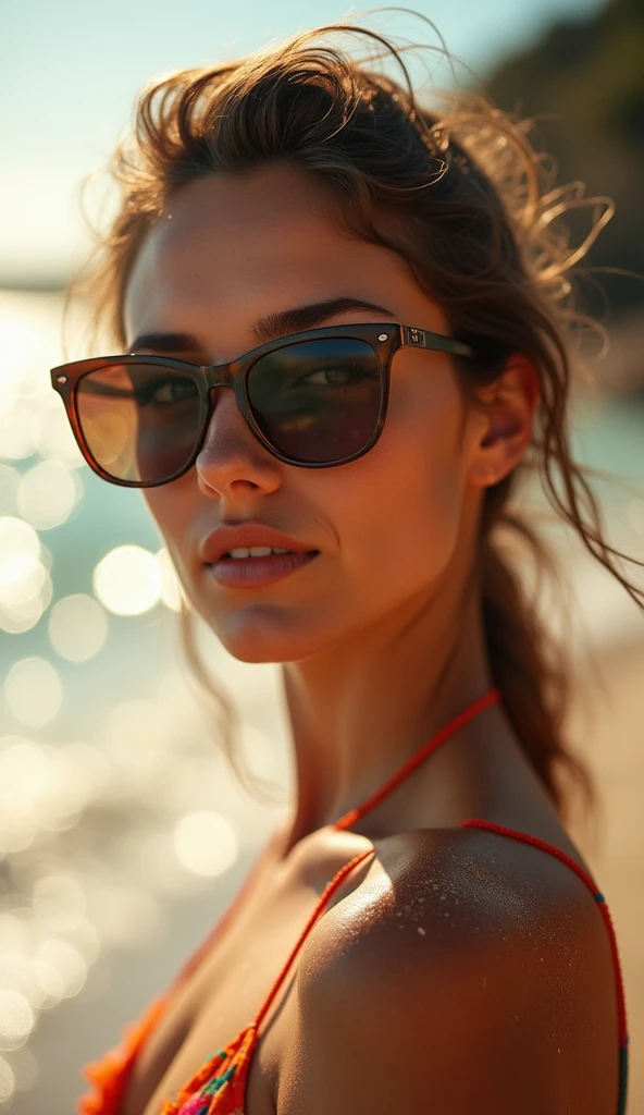 Closeup of a woman's face on a beach, bikini suggesting summer heat, sunglasses reflecting the glimmer of the ocean, sand clinging to skin, sea breeze tousling hair, framing by golden hour light, ultra realistic, high resolution photo, vibrant colors, shallow depth of field, bokeh effect in background.