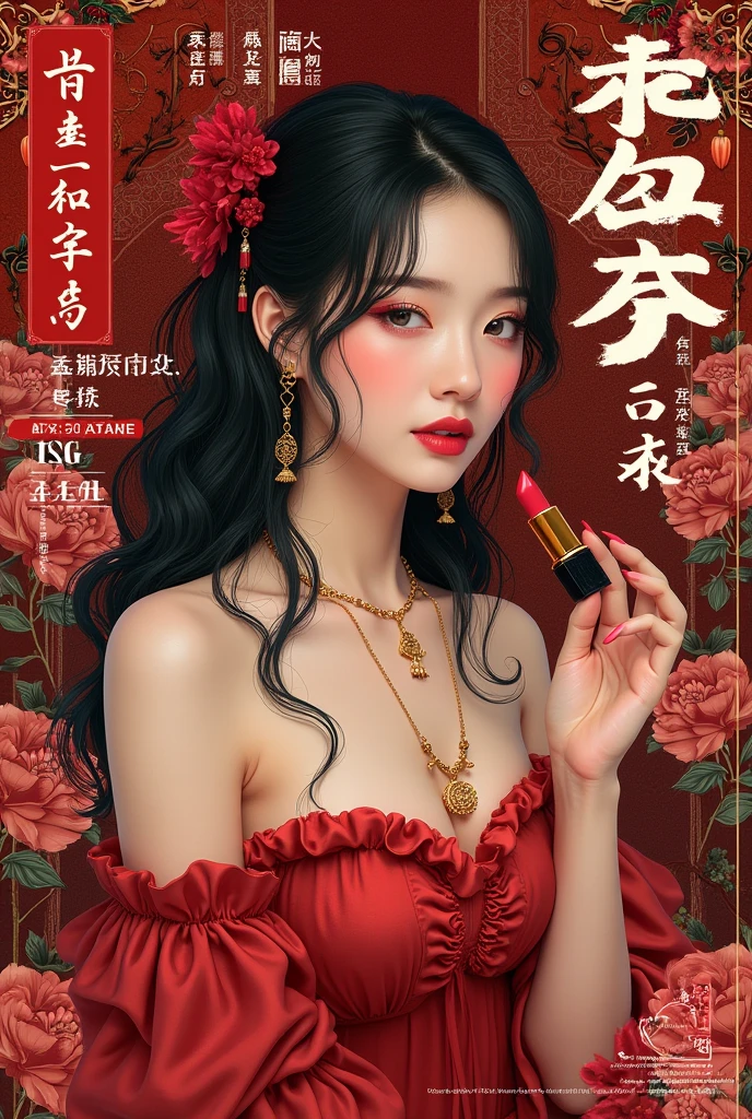 ouvrages d'art. haute qualité. couverture de magazine chinois avec diverses inscriptions. couverture. Taureaux. Kittana avec un rouge à lèvres à la main. Rouge RVB #8E3535