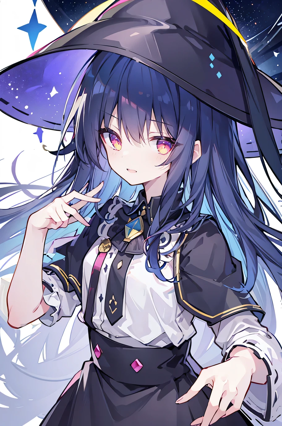 oung Girls,Humanity,A magician always smiles,big witch hat,cute,dark blue long hair,The eyes are dull,The bangs are heavy,Thin eyebrows,fantasy,intake,Double teeth,Star Theme,Constellation pattern,Solid color clothetal decoration,cloak,A bit of a dark atmosphere,A little crazy smile,When the big moon shines outside at night,blood,Hair black star embellishment,Short tie,No nails,High waist skirt,Bell sleeves,Long-sleeved shirt,Black tie,low risk,gentlemen。Mist、Yellow and white effect，Shocking pink as an accent color
