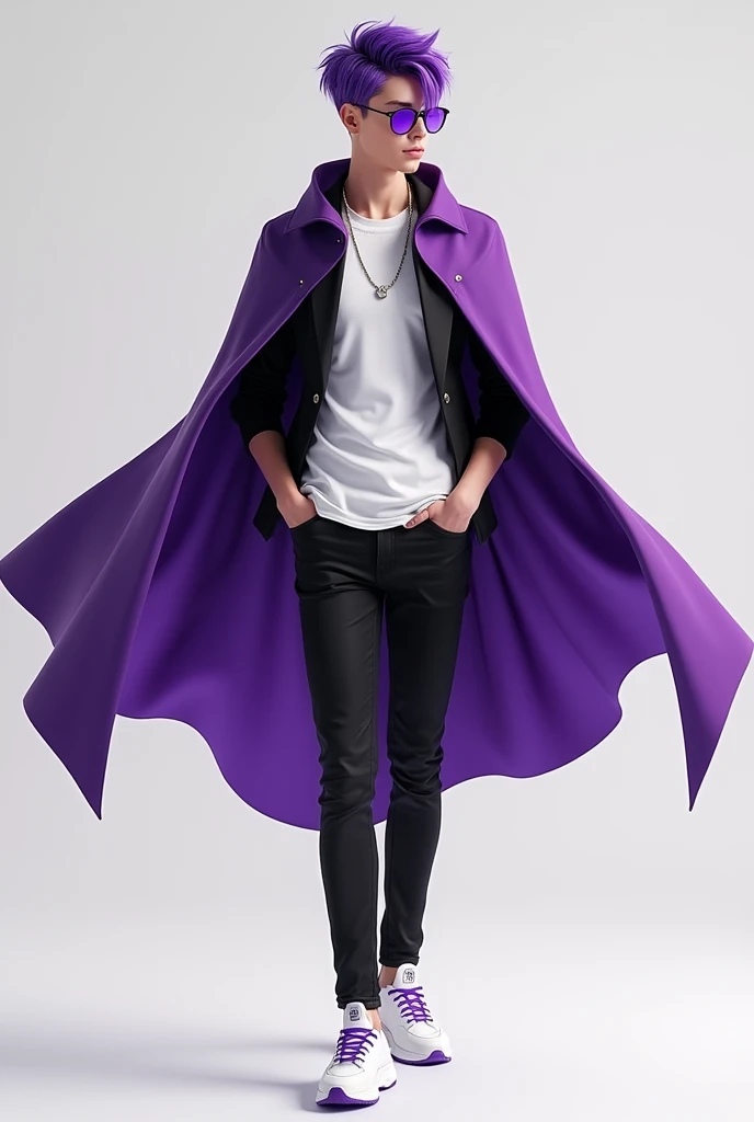 Tall young guy with a purple cape, black jacket, white t-shirt, black jeans, white sneakers with purple laces, purple glasses and purple streaks in his hair.