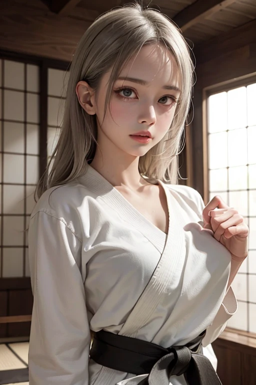 8K, RAW Photos, Fujifilm, Beautiful 20 year old woman style photo, (((Gray Hair:1.3,美しいGray Hairのストレートヘアー、シルキーなGray Hair)))、(((Completely naked:1.5,Cover yourself with a large towel))) Gold earrings, (Highly detailed skin: 1.2), Light medium brown hair, Film Grain, 35mm, Cute Style、(((Standing 1.5)))、Selfie