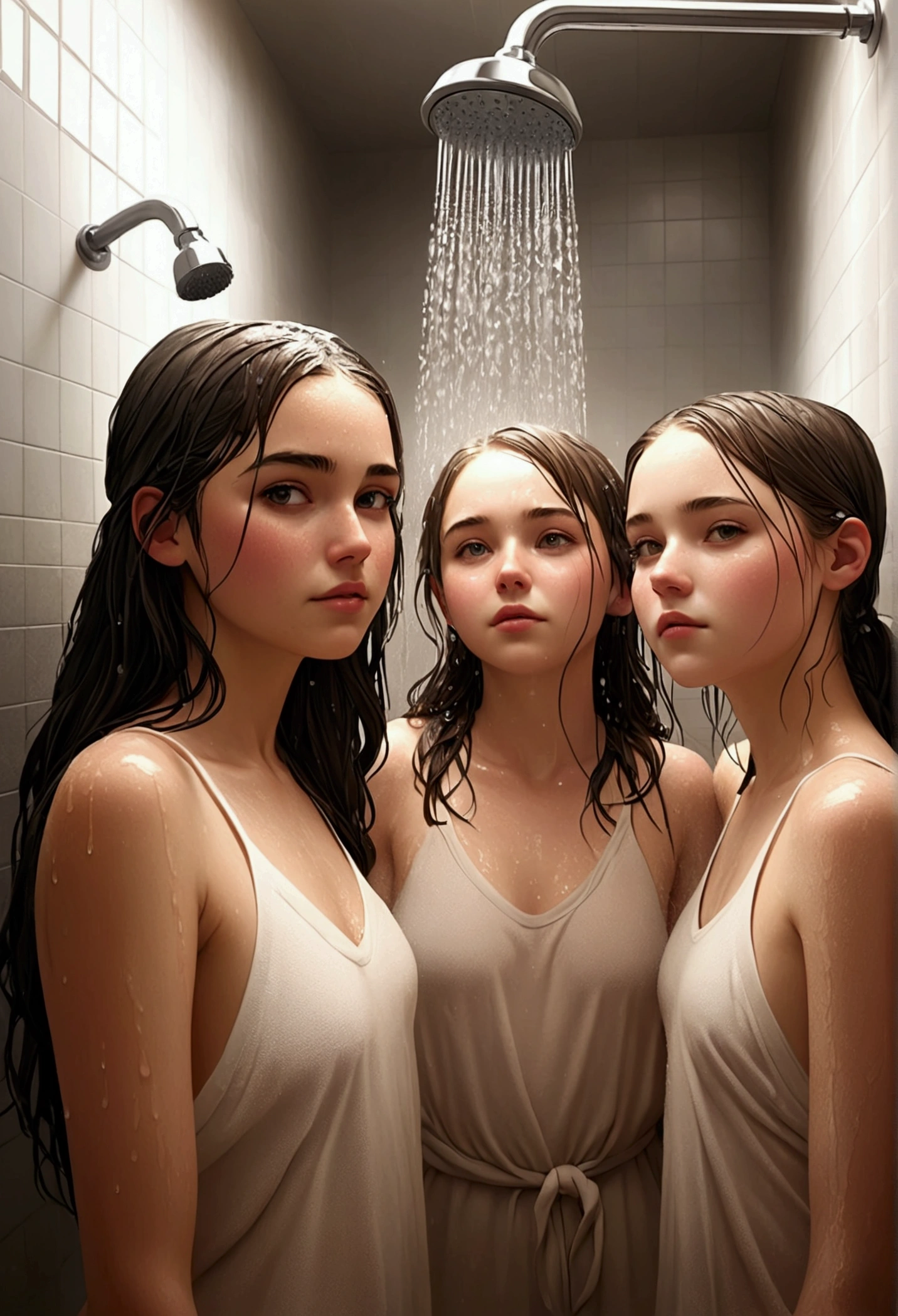 Group of girls showering together in large communal showers. Detailed faces.