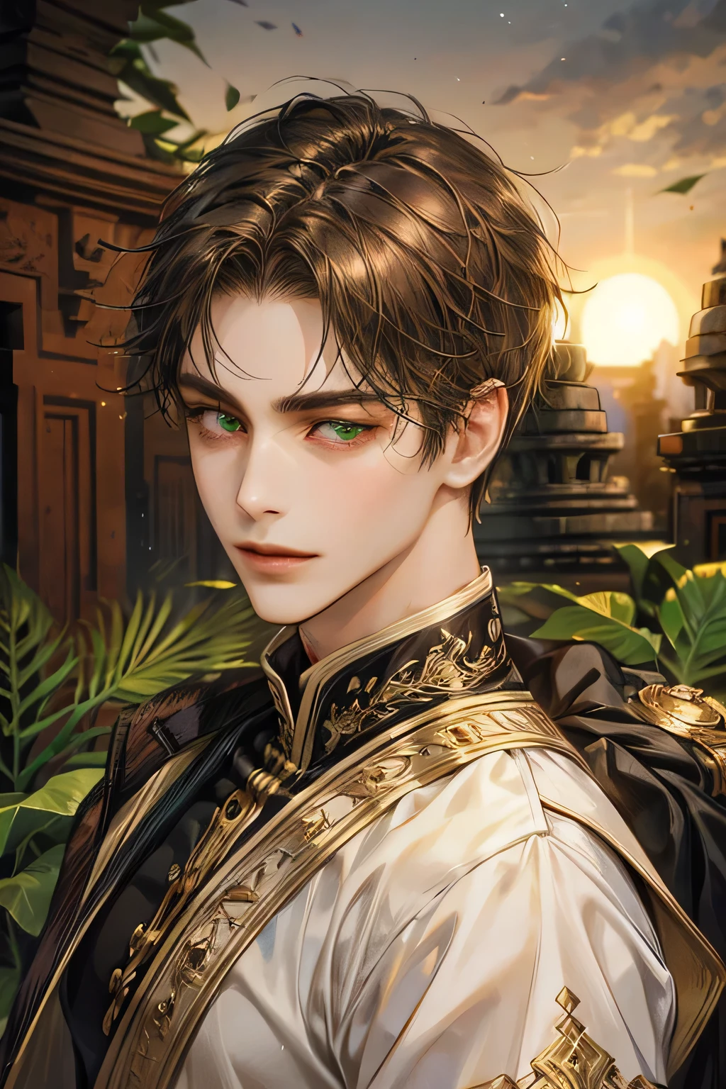 1man, dark brown hair, javanese style, masterpiece, best quality, realistic, romantic and charming, 29 years old, light green eyes, serious, extremely detailed face, smile,, ((short-right-swept, dark brown hair)), [ eyebrows], black suit, borobudur temple, accurate, detailed