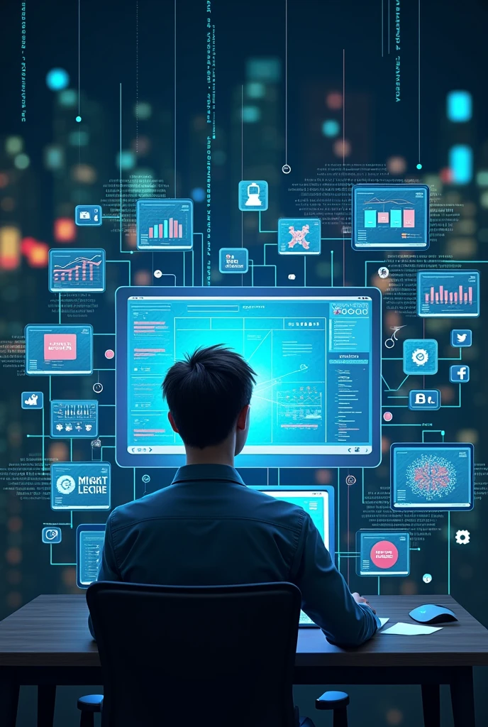 Create an image representing digital strategies with a professional working on multiple screens showing various data points, charts, and analytics. Surround the main screen with icons of social media platforms, email, SEO, and advertising tools, all connected by flowing lines or digital circuits. The background can have a modern, tech-inspired design with a mix of code and abstract digital patterns, emphasizing the complexity and integration of various online strategies."