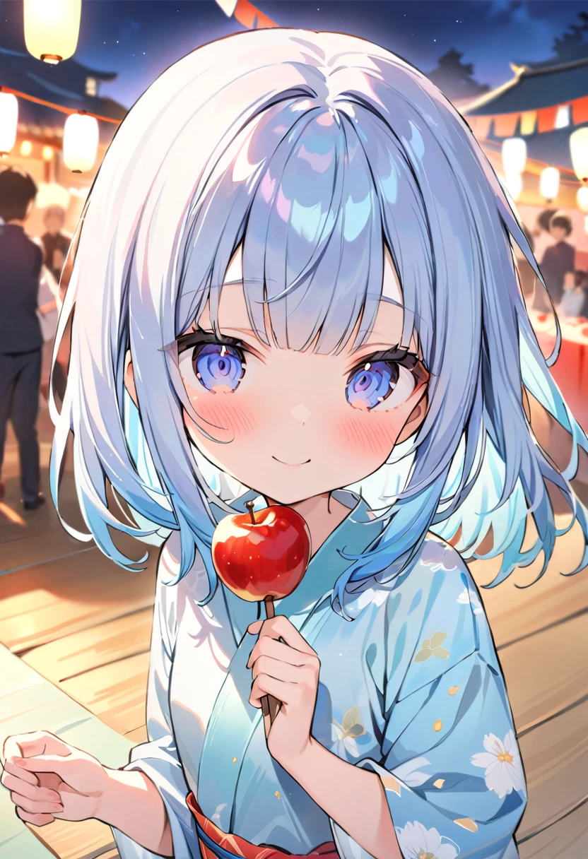 masterpiece, best quality, extremely detailed, (illustration, official art:1.1), 1 girl ,(((( light blue long hair)))), ,(((( light blue long hair)))),light blue hair, , long hair ((blush)) , cute face, big eyes, masterpiece, best quality,(((((a very delicate and beautiful girl))))),Amazing,beautiful detailed eyes,blunt bangs((((little delicate girl)))),tareme(true beautiful:1.2), sense of depth,dynamic angle,,,, affectionate smile, (true beautiful:1.2),,(tiny 1girl model:1.2),)(flat chest) 、cute girl, yukata, watercolor, clear, anime style illustration, cute illustration, beautiful detail, fain touch outline, cute girl is eating a apple candy, りんご飴、 delicious looking, japanese festival, night, cute illustration, best quality, top quality, masterpiece, ultra detailed, beautiful detail