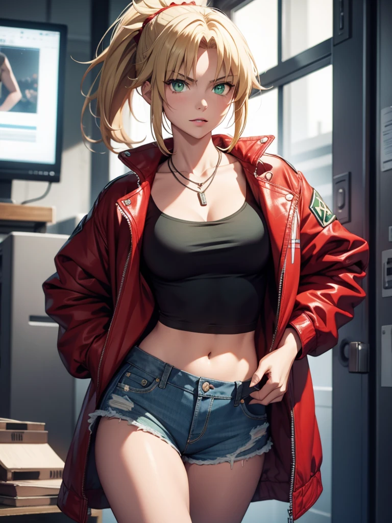 (​masterpiece、top-quality、hight resolution、Unity 8k、extremely details CG:1,Best Picture), modred, (green eyes:1.5), blonde hair, ponytail, short hair, scrunchie, red scrunchie, hair scrunchie, denim, denim shorts, jacket, jewelry, midriff, navel, necklace, red jacket, short shorts, shorts, tube top, white top, nsfw, Negotiating the price of prostitution, Willing to agree