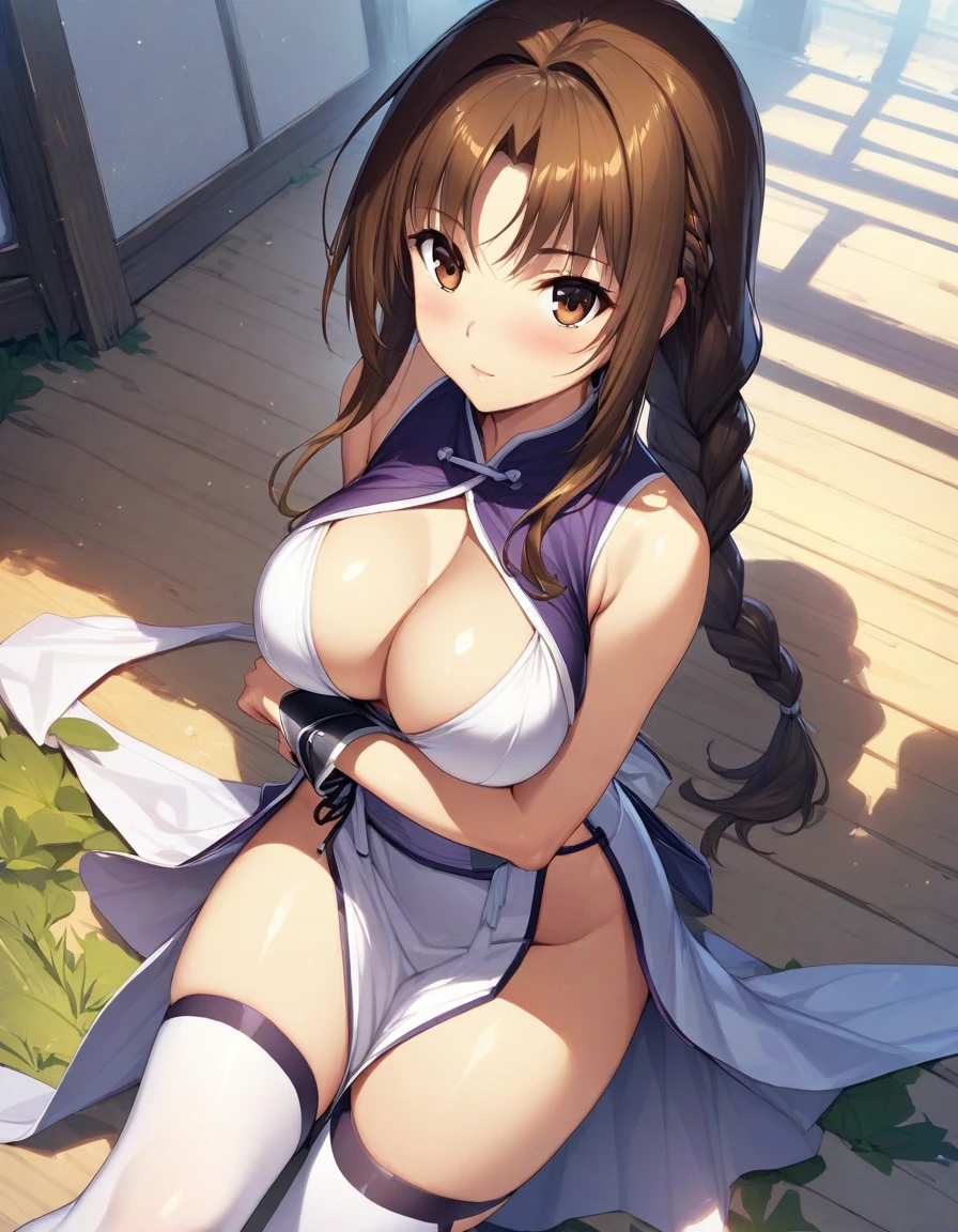 (masterpiece),(Highest quality),(Very detailed),(Best illustrations),(Best Shadow),(Absurd),(Detailed Background),(so beautiful), One girl, alone, Kasumi(QG), pelvic curtain, brown eyes, brown hair, thighhighs, long hair, braid, large breasts, white thighhighs,