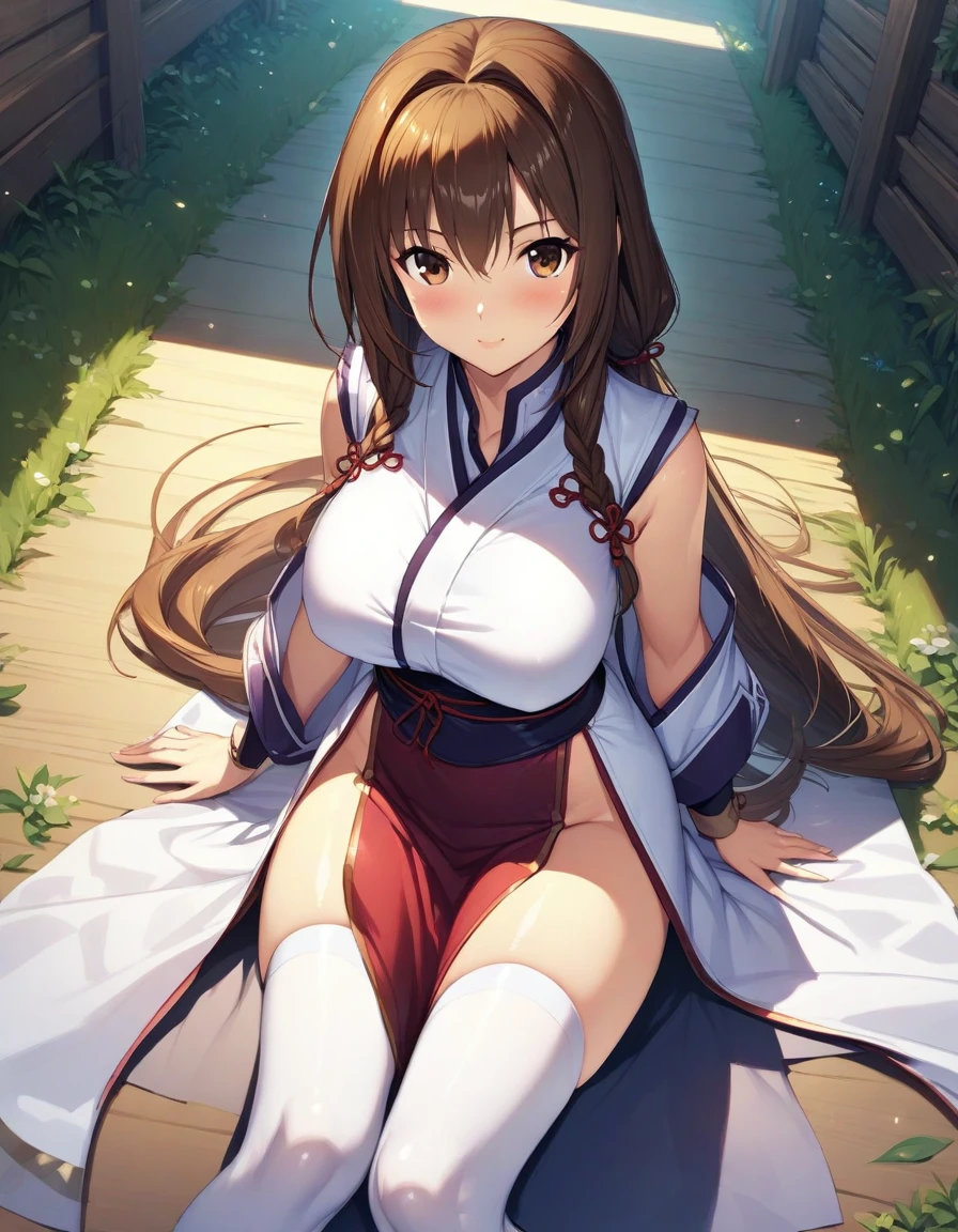 (masterpiece),(Highest quality),(Very detailed),(Best illustrations),(Best Shadow),(Absurd),(Detailed Background),(so beautiful), One girl, alone, Kasumi(QG), pelvic curtain, brown eyes, brown hair, thighhighs, long hair, braid, large breasts, white thighhighs,