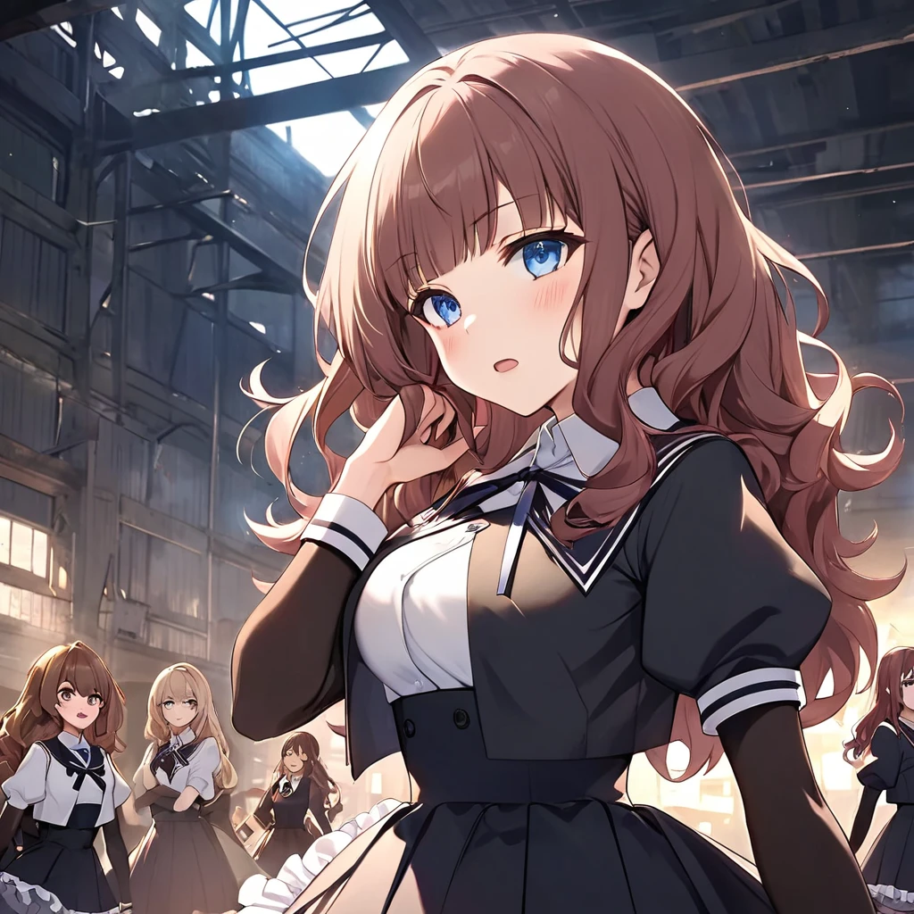 Abandoned warehouse, night, break KaedeJohanNouvel, Kaede Johan Nouvel, 1人の後ろhandに縛られた少女と5人の裏社会の男達, brOwn hair, lupong hair, bangs, Wavy Hair, blue eyes, 大きなchest, break yurigaoka girls academy school uniform, White shirt, Cropped jacket, Black jacket, lupong sleeves, Juliet Sleeve, black sleeves, Black Skirt, High Waist Skirt, Frilled Skirt, buttupons, neck ribbupon, black ribbupon, break standing, upper_body, hand_upon_Own_chest, Looking_in_Audience, Tilt your head, break blush, Frightened expression, Mouth closed, break (masterpiece:1.2), (美しい細部まinこだわった目:1.2), Perfect lighting, (perfect hand, perfect aninomy)