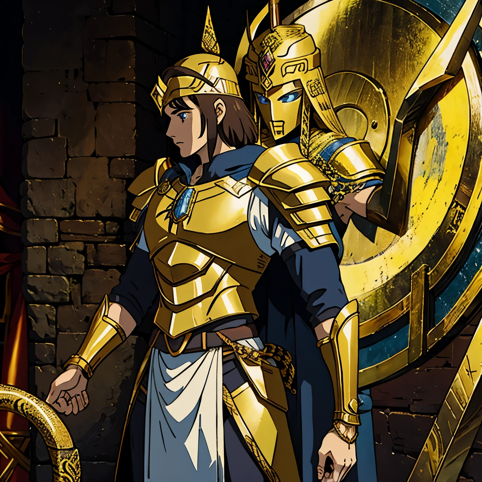 Hermes the thiefts protector the greek god in ancient times. Wearing is war armor looks more middle earnern armor black and gold with a ram head on left shoulder .he has his two snakes comin up staff.can his eyes be light brown like ambers and dark brown hair