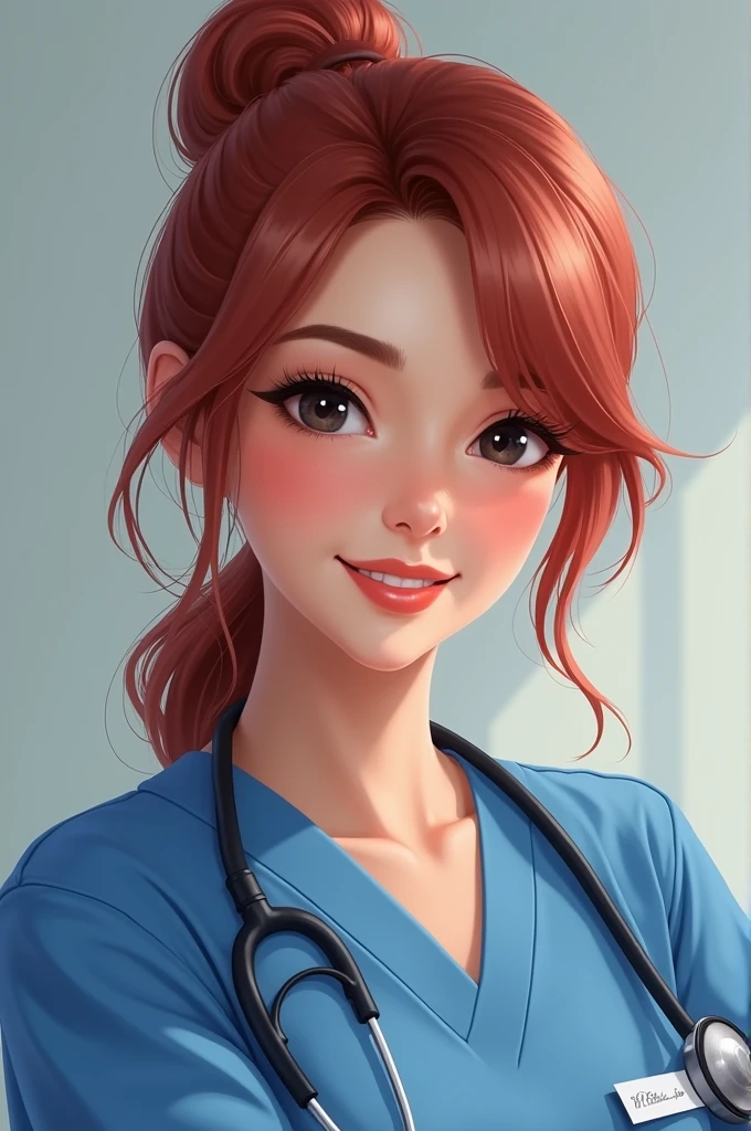 Nurse in blue uniforms, and reddish hair, black eyes. Should wish her a happy Mother's Day