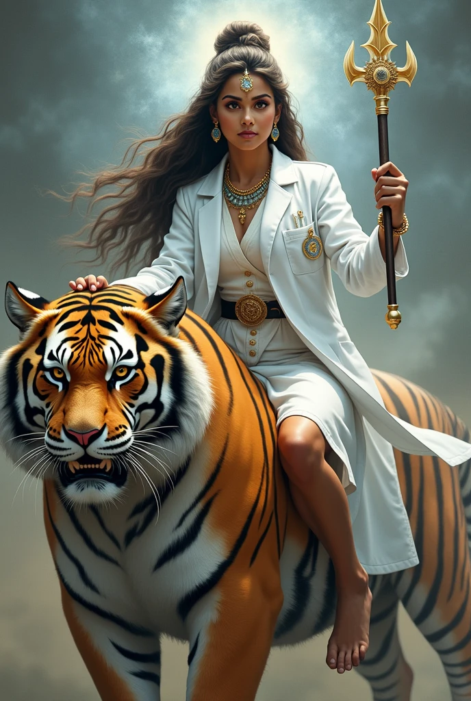  Hindu goddess Durga mata pic as a doctor sittings  on a tiger and ware white coat and in hand haveing a weapon 